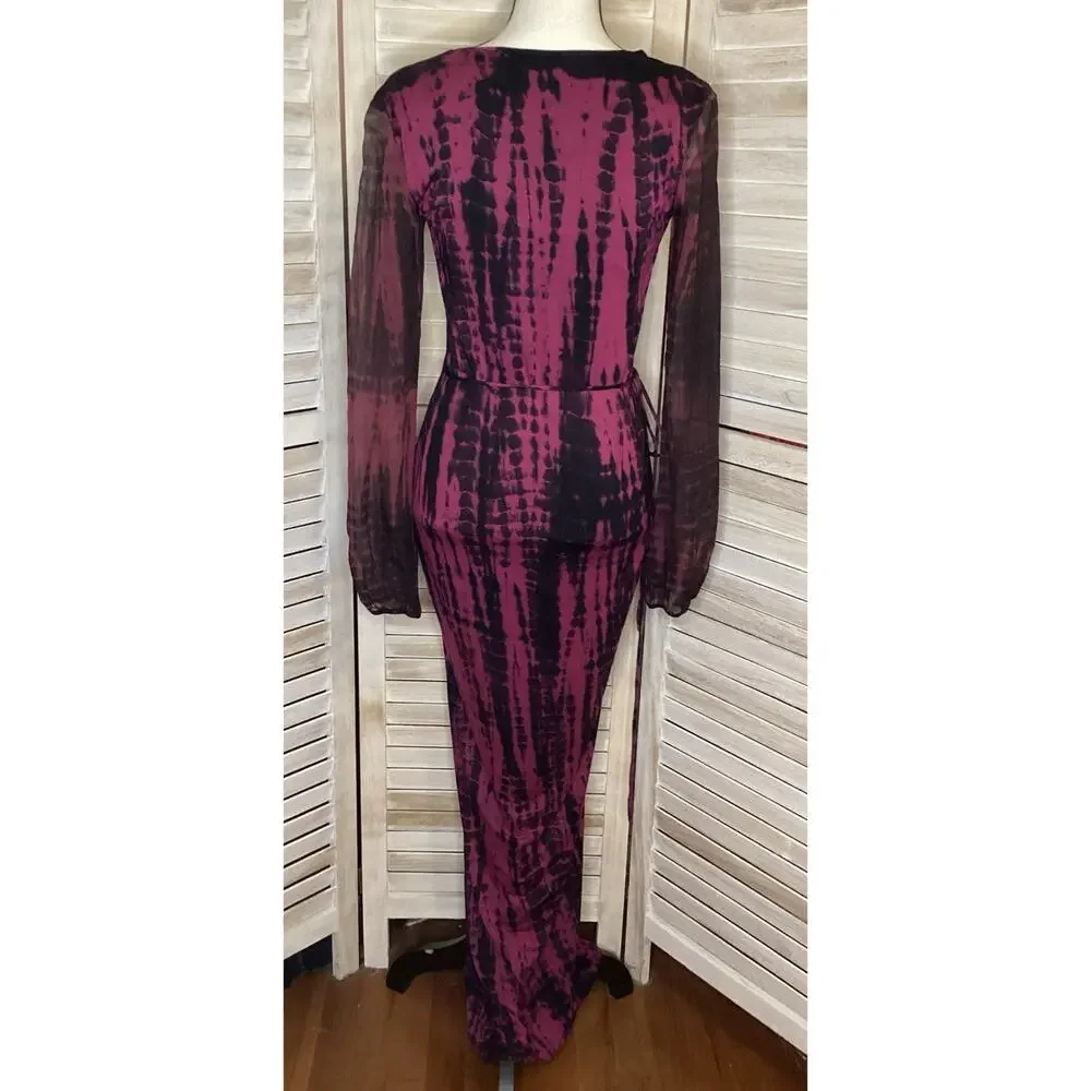 Indah Burgundy Black Tie Dye Slinky Full Length Wrap Maxi Dress S